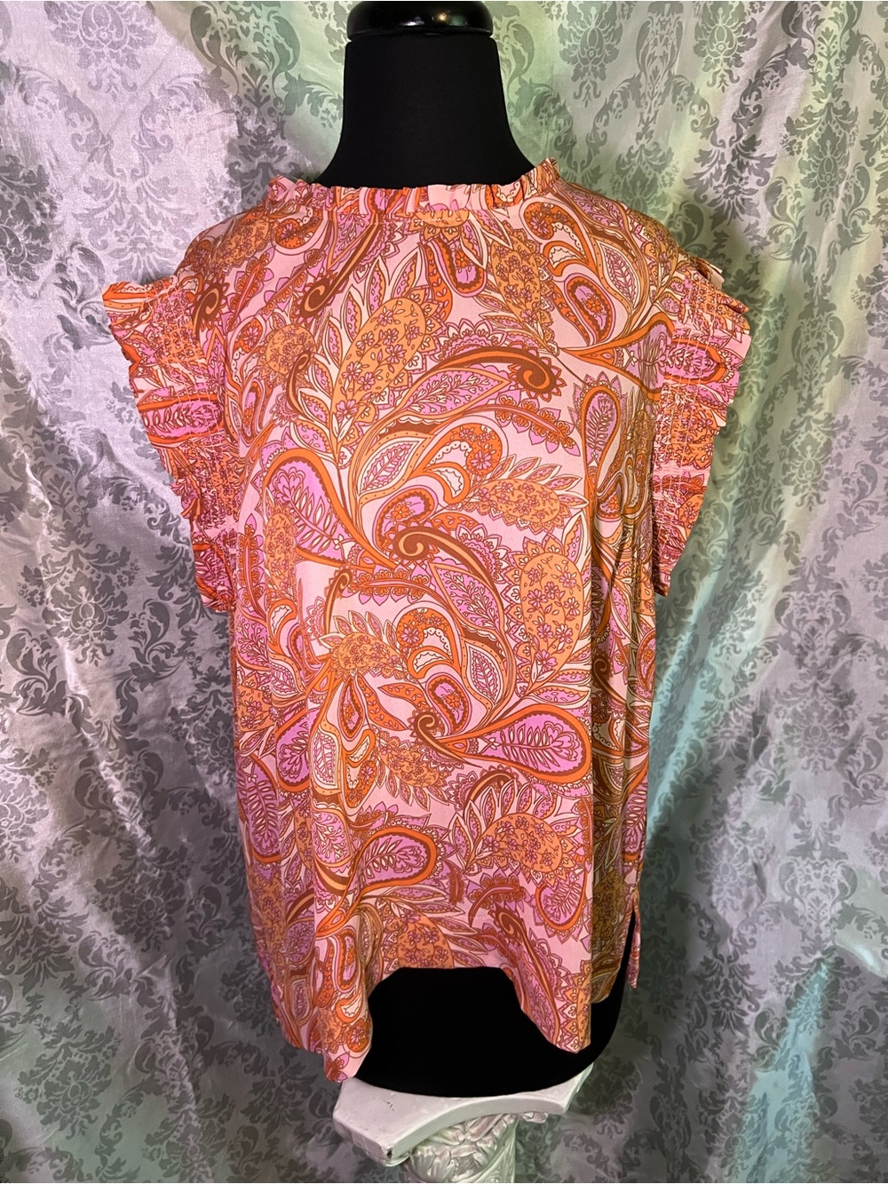 DR2 Pink and Orange Paisley Flutter Sleeve Blouse